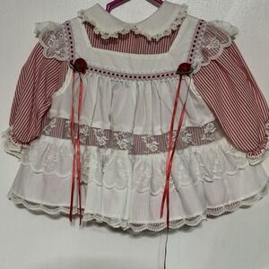 Vintage Bryan Red Circle Dress Long Sleeve Lace Frill Floral Ribbon 3-6 Mths USA